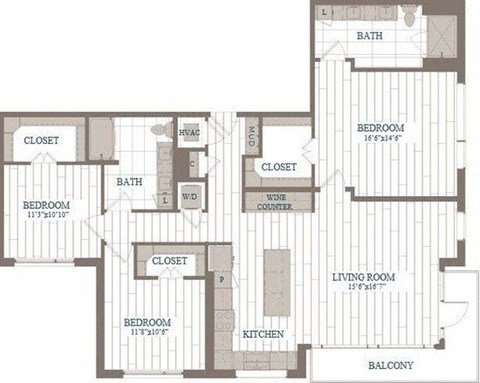 Floor plan for 3 beds, 2 baths, 1631 sqft